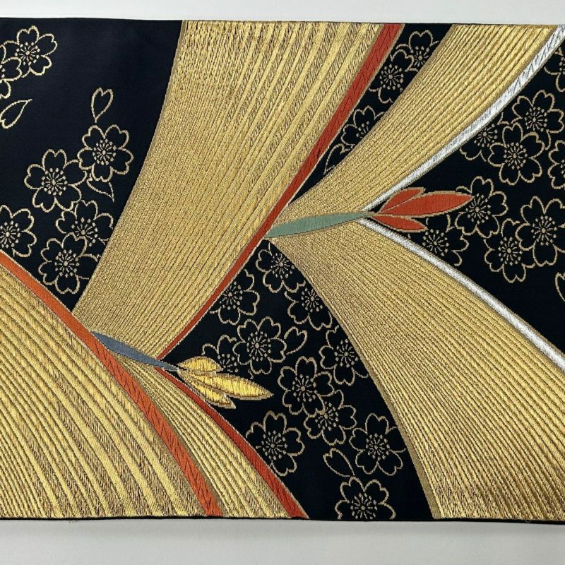 袋帯 秀品 若松 桜 金銀糸 刺繍 黒灰 六通 正絹｜中古・古着