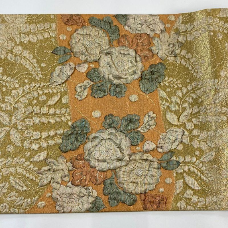 袋帯 美品 秀品 草花 金糸 箔 鶯色 お太鼓柄 正絹｜中古・古着