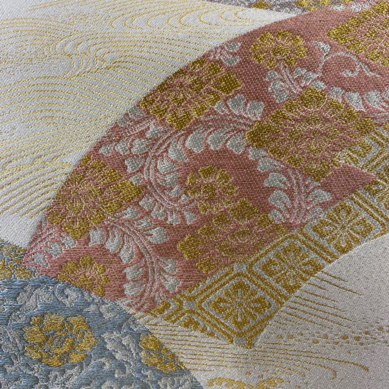 袋帯 美品 秀品 扇面 草花 金銀糸 箔 クリーム お太鼓柄 正絹