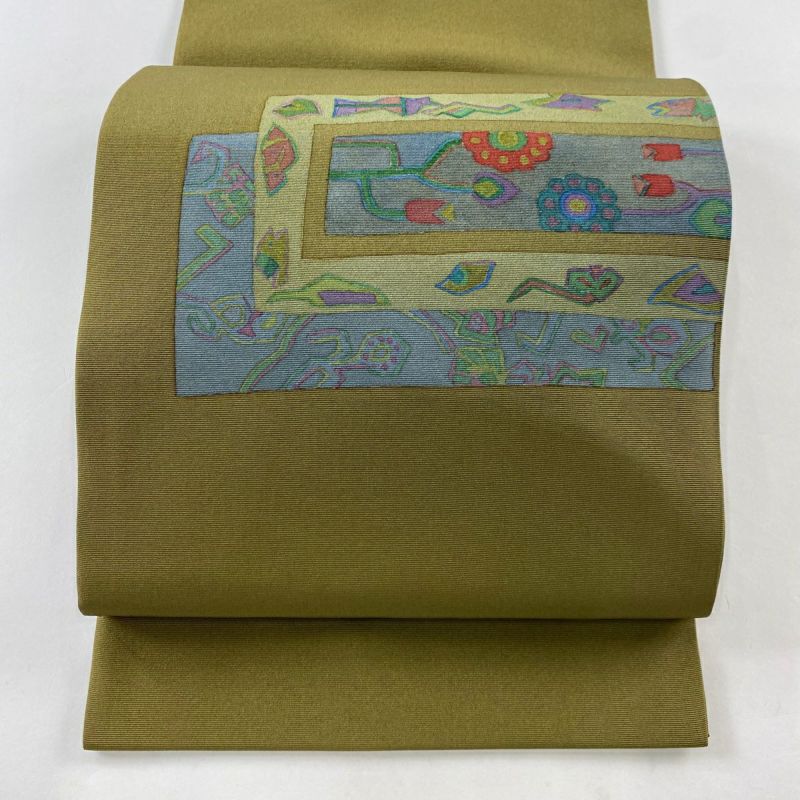 開き名古屋帯 美品 秀品 草花 茶緑色 正絹｜中古・古着