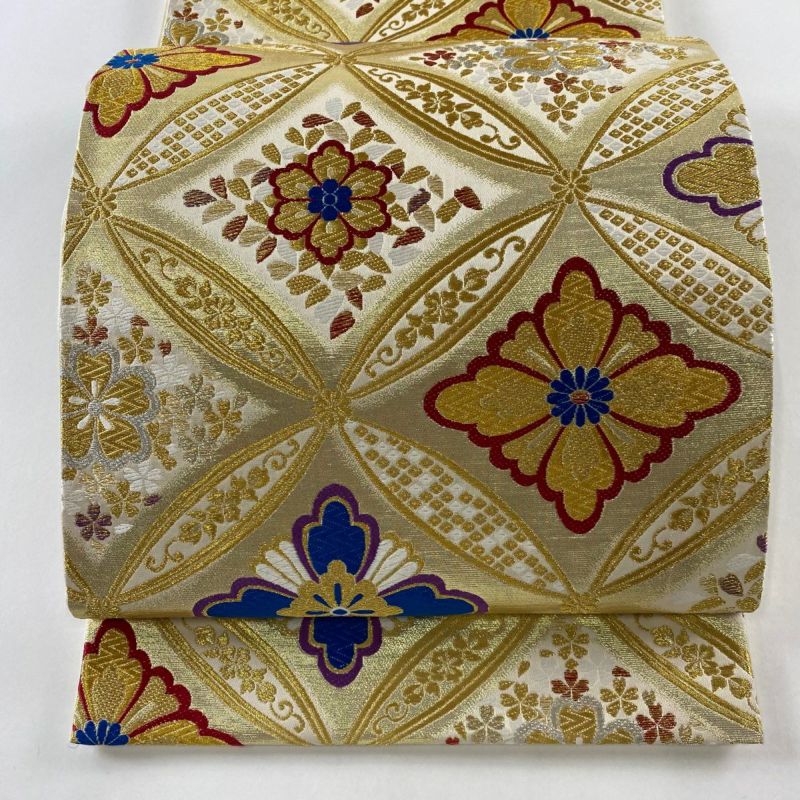 袋帯 美品 秀品 振袖向き 七宝 花菱 唐織 金銀糸 金色 六通 正絹