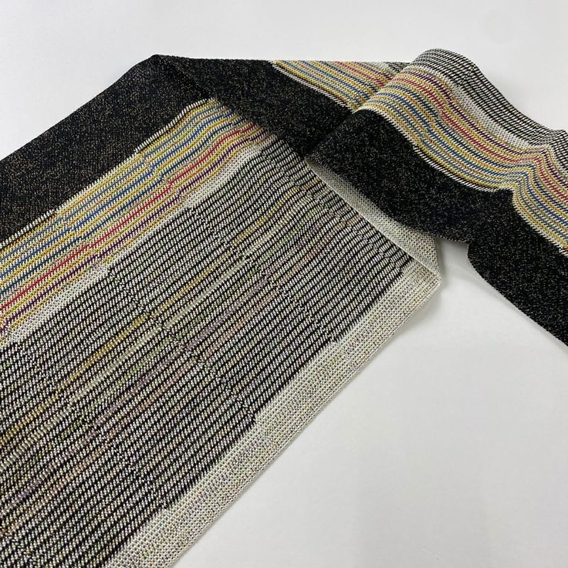 名古屋帯 美品 秀品 八寸名古屋帯 松葉仕立て 縞 金糸 墨色 正絹