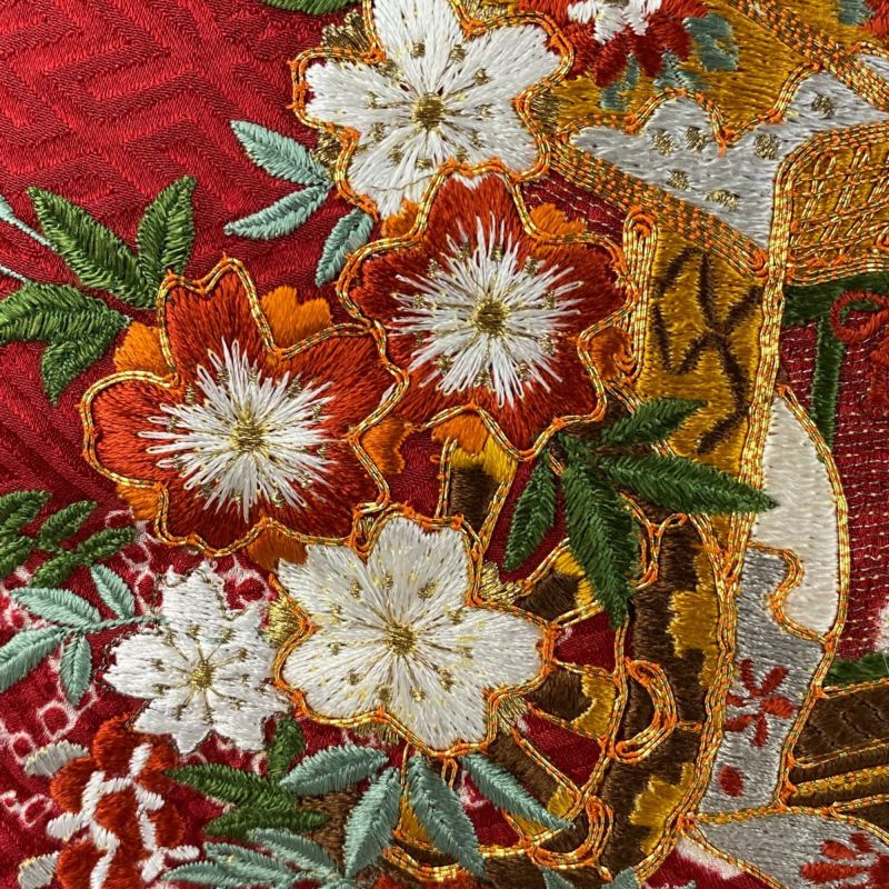 FN46＊美品！洗い張り済み＊鈴＊刺繡半衿付き＊無双＊振袖用＊長襦袢＊１２６ｃｍ 振袖 身丈168cm 裄丈66.5cm M 袷 袋帯フルセット 御所車 熨斗