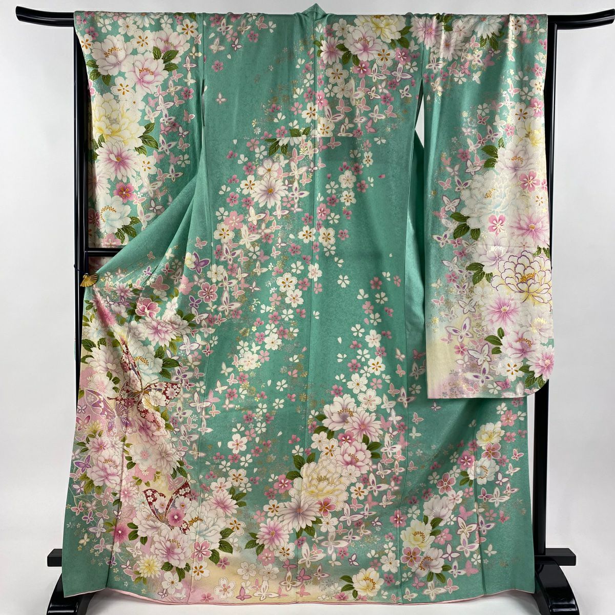 50%OFF 振袖 身丈176.5cm 裄丈69cm L 袷 草花 御所車 箔 金銀彩