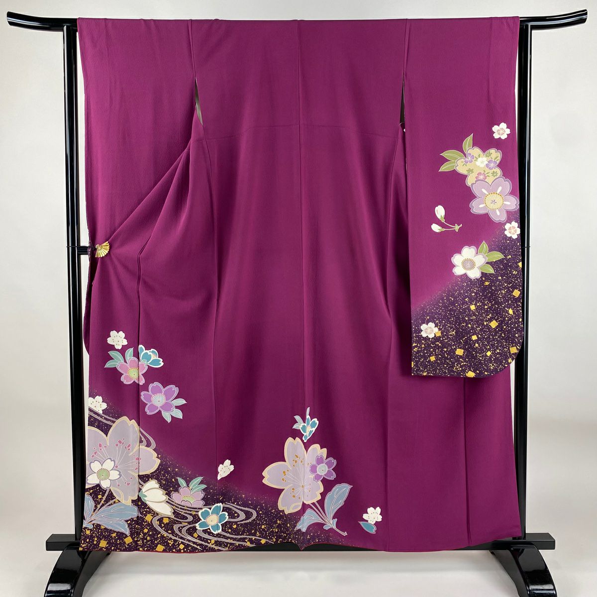 振袖 身丈152cm 裄丈62.5cm S 袷 糸巻き 松竹梅 金彩 ぼかし 茶紫 正絹