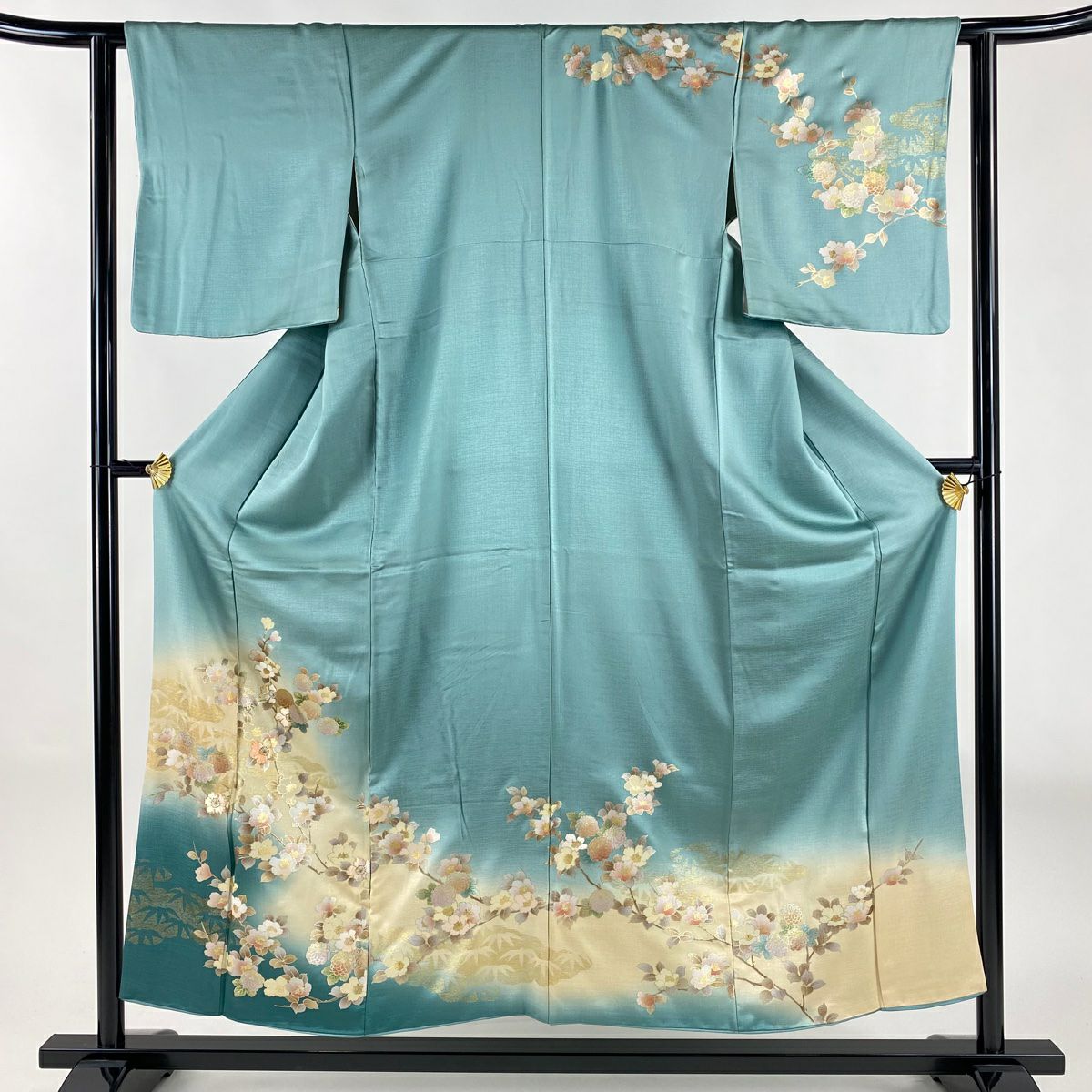 訪問着(袋帯つき)　袖丈長め　 草花文　金彩　金糸　未使用　紺青色　インスタ映え 訪問着(袋帯つき) 袖丈長め 草花文 金彩 金糸 未使用 紺青色 インスタ映え