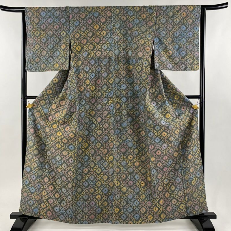 小紋 身丈162cm 裄丈64.5cm M 単衣 紬地 斜格子 幾何学模様 絞り