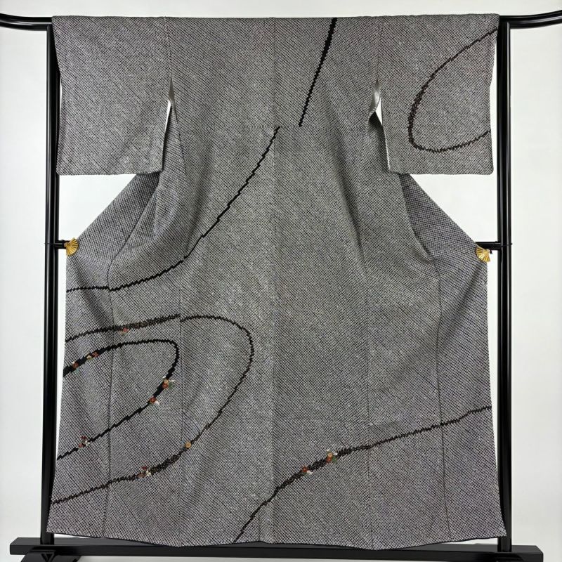 付下げ 身丈155cm 裄丈64cm M 袷 草花 幾何学 総絞り 刺繍 黒