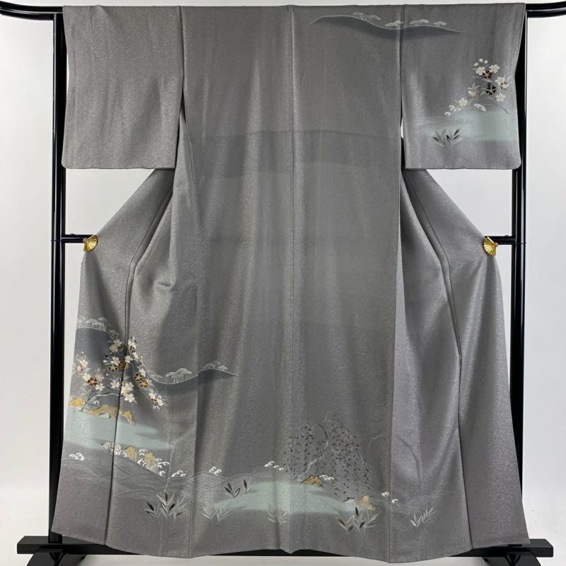 訪問着 身丈157cm 裄丈65cm M 袷 桜 波 金糸 金銀彩 灰色 正絹