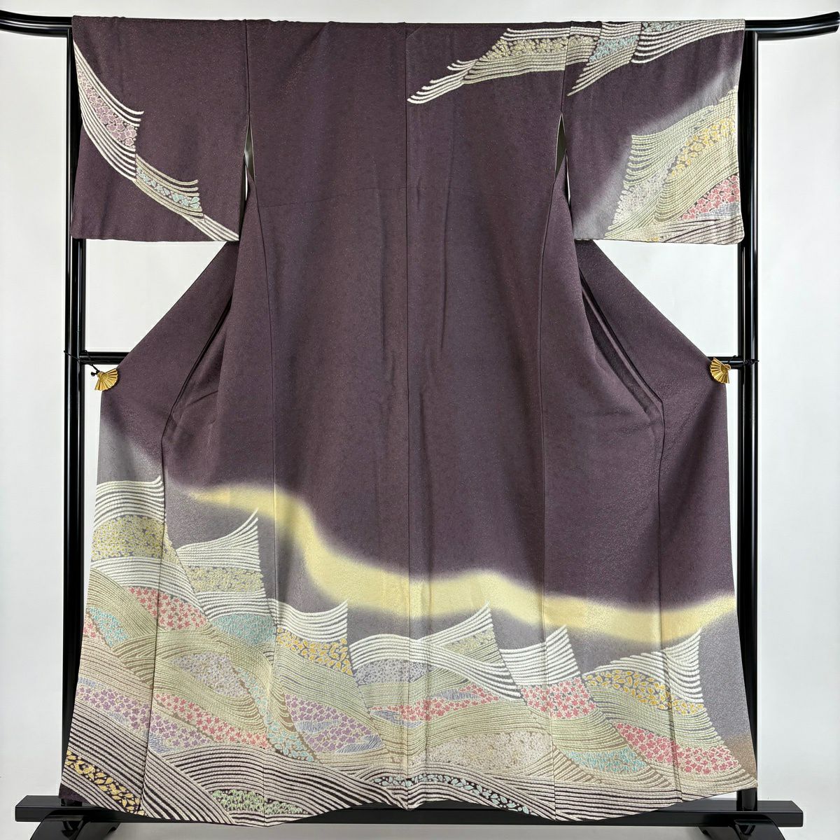 訪問着 身丈157cm 裄丈64cm M 袷 枝花 地紋 金彩 絞り 黄土色 正絹 秀