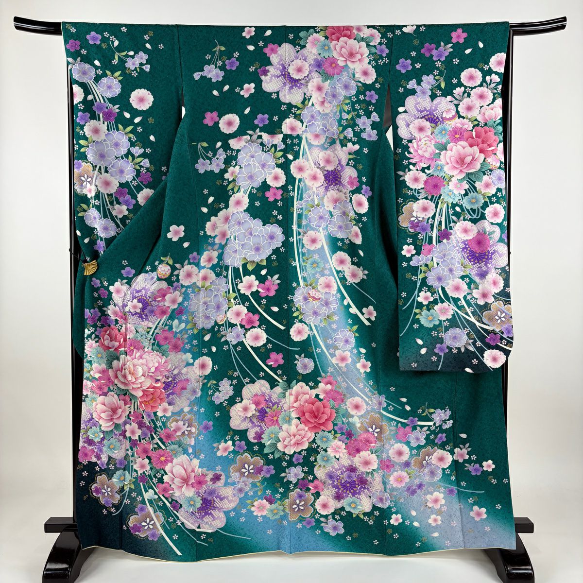 振袖フルセット 身丈162.5裄64 豪華振袖 緑 チャコール 刺繍柄 シンプル 振袖 身丈165.5cm 裄丈67.5cm L 袷 草花 桜 銀通し 箔 緑 正絹