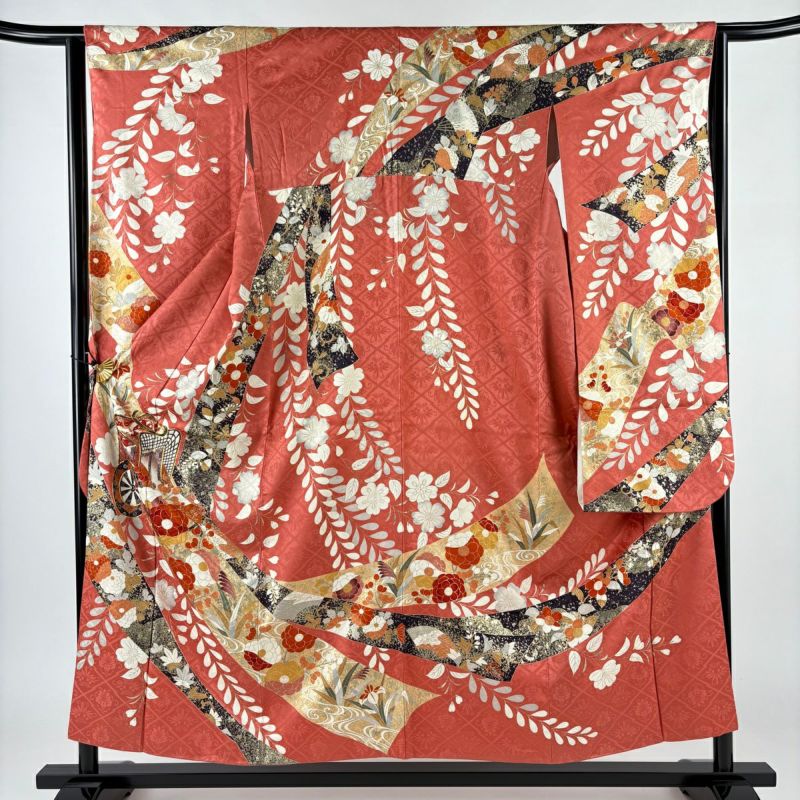 【振袖】 着物 単衣 広衿 小振袖 花模様 金銀彩入り 身丈約160cm 振袖】 着物 単衣 広衿 小振袖 花模様 金銀彩入り 身丈約160cm