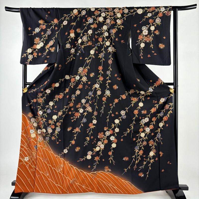 D538 振袖　枝垂れ桜　金彩　黒地　正絹　着物　袷　美品 楽天市場】【新品】 振袖 着物 正絹 フォーマル 金彩加工 黒 紫