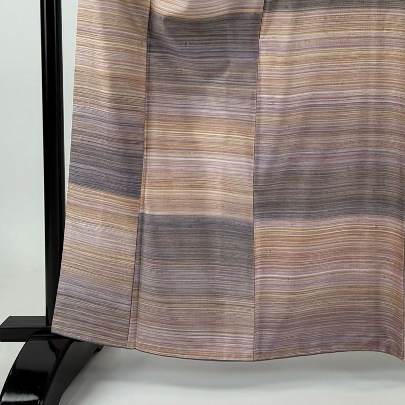 紬 身丈162cm 裄丈68.5cm L 袷 縞 サーモンピンク 正絹 美品
