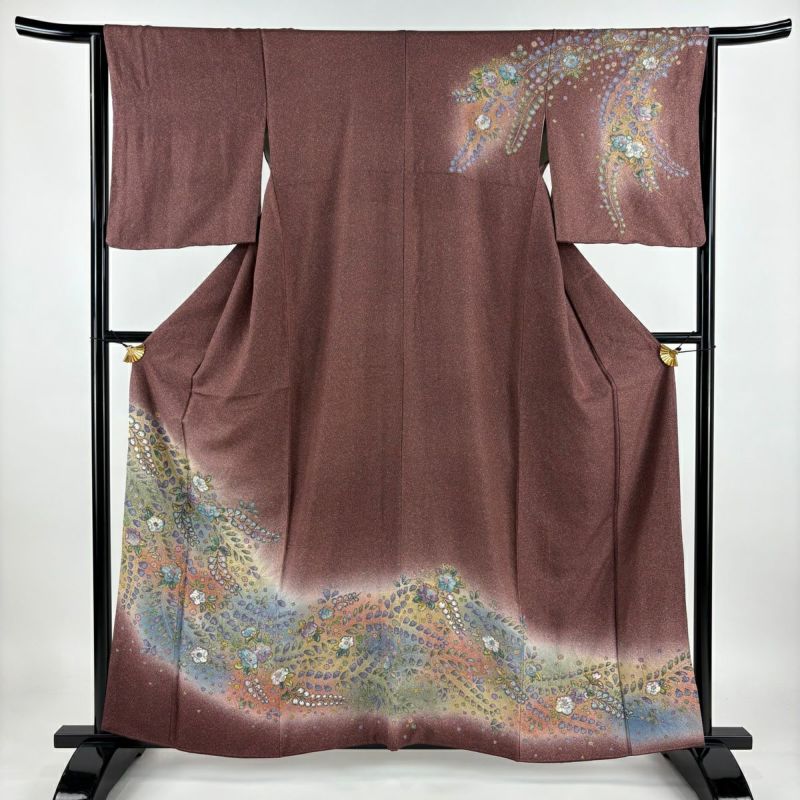 逸品◇未使用◎辻が花地紋◎極上正絹色無地160cm一つ紋(五三桐)若芽 袷 色無地】正絹 袷 辻が花地紋 一つ紋付 浅葱鼠色 | 野の花