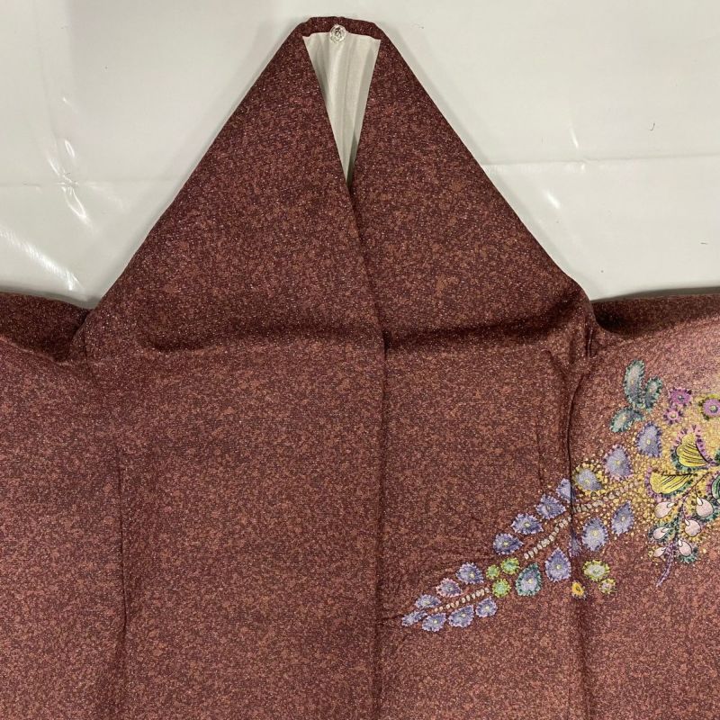 逸品◇未使用◎辻が花地紋◎極上正絹色無地160cm一つ紋(五三桐)若芽 袷 正絹【地紋 辻ヶ花】色無地 袷 A-3572
