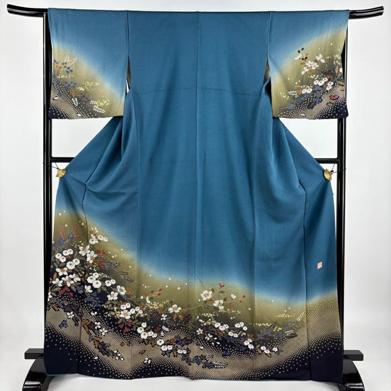 正絹　手描き垣根に草花模様　訪問着　身丈164　裄64 付下げ 身丈164cm 裄丈69cm L 袷 コプト柄 花 銀通し 金銀彩