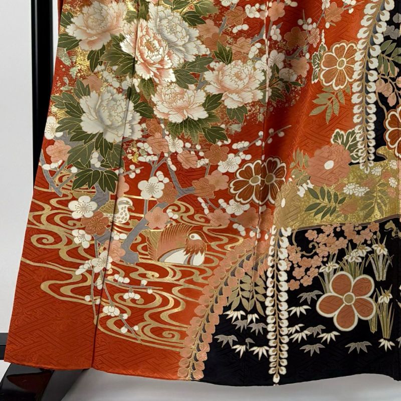 振袖　広衿　袷　金彩　裄長　ロング丈　裄67.5cm　丈162.5cm 振袖 身丈162.5cm 裄丈67cm M 袷 牡丹 鴛鴦 金銀彩 刺繍