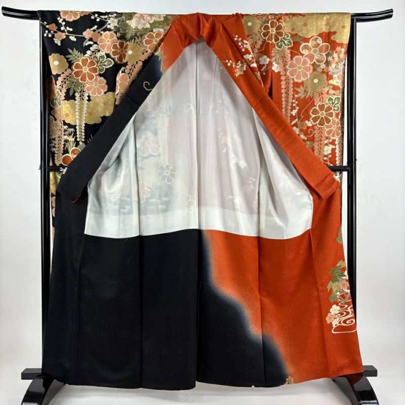 振袖　広衿　袷　金彩　裄長　ロング丈　裄67.5cm　丈162.5cm 振袖 身丈162.5cm 裄丈67cm M 袷 牡丹 鴛鴦 金銀彩 刺繍