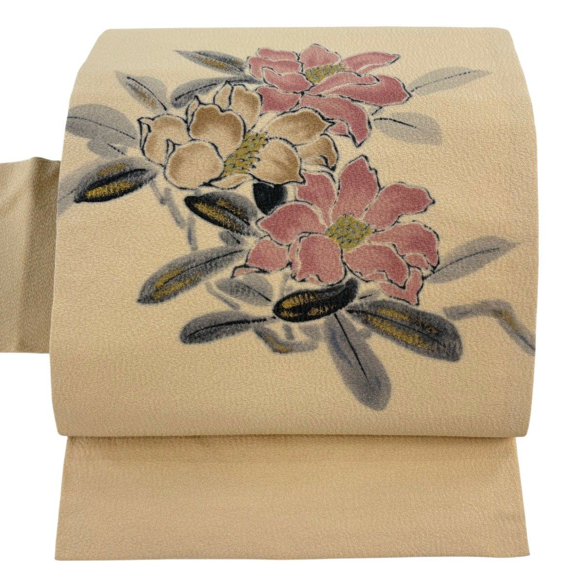 名古屋帯 作家物 ベージュ 花文様 正絹　流麗な草花意匠 名古屋帯 作家物 ベージュ 花文様 ショップ 正絹 流麗な草花意匠