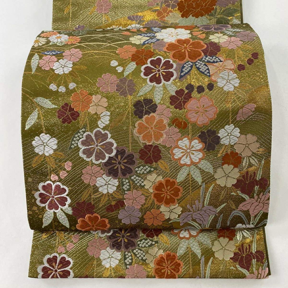 袋帯 美品 秀品 枝垂れ桜 芝 箔 唐織 鶯色 六通 正絹｜中古