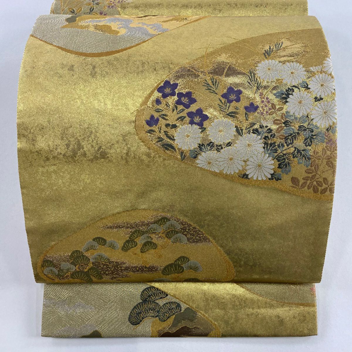 (最終市) No.2406 未使用シリーズ正絹菱縞箔袋帯　超美品 袋帯 美品 秀品 よろけ縞 金銀糸 箔 黒 六通 正絹 【中古