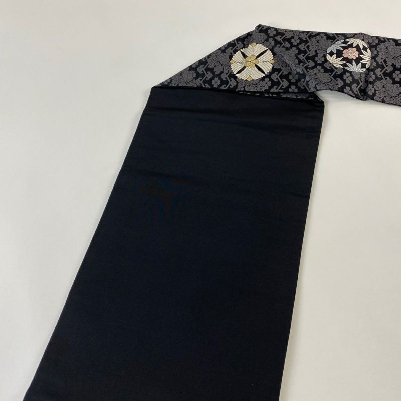 名古屋帯 正絹 型染め 草木染 松竹梅 亀甲やお花 総柄 K-9706 名古屋帯 名品 松竹梅 草花 唐織 黒 正絹｜中古・古着