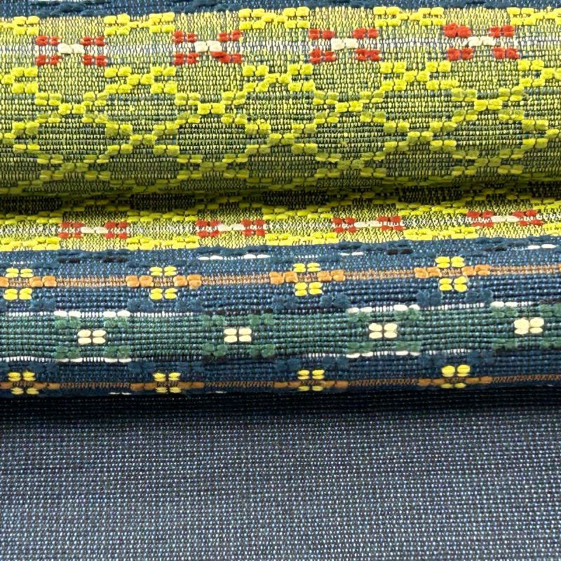 名古屋帯 美品 逸品 八寸名古屋帯 幾何学模様 黄緑色 正絹｜中古