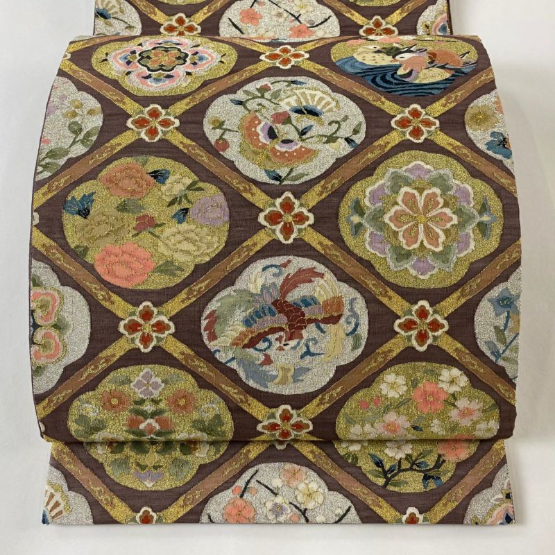 袋帯 明綴れ 美しい鳥と花織出し 正絹 AO-3721 袋帯 逸品 明綴れ 斜め格子 花鳥 金銀糸 灰紫 全通 正絹｜中古