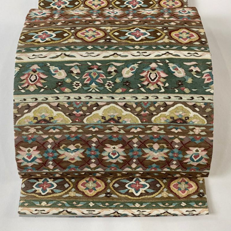 袋帯 美品 逸品 明綴れ 草花 横段 金糸 小豆色 全通 正絹｜中古
