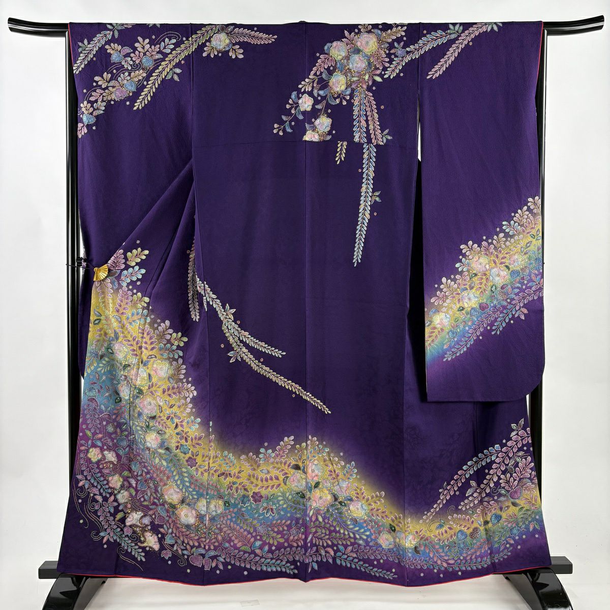 美品】 振袖 身丈154cm 裄丈65.5cm M 袷 草花 鳥 ぼかし 縮緬 茜色