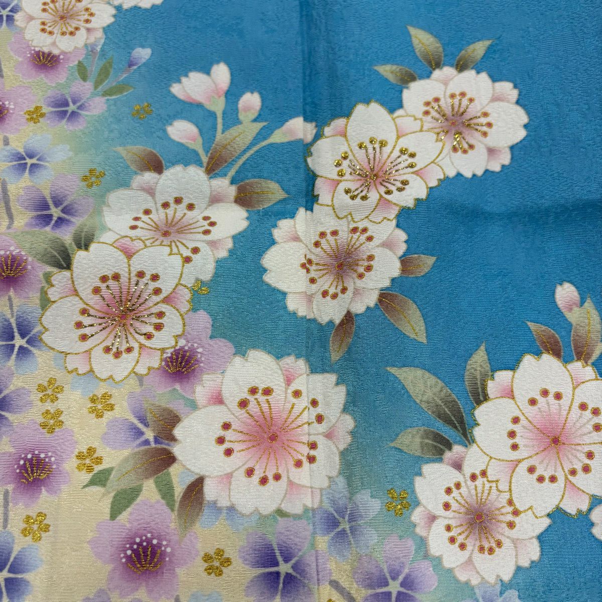 振袖 身丈169cm 裄丈69.5cm L 袷 桜 金彩 ぼかし 水色 正絹 名品｜中古