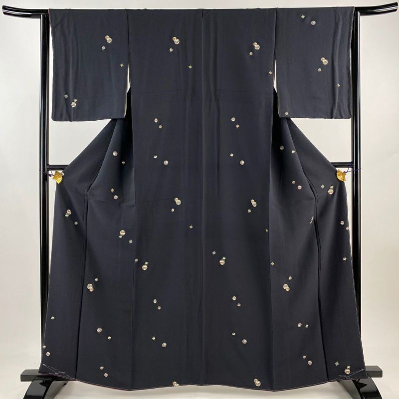 小紋 身丈162cm 裄丈62.5cm S 袷 鞠 駒 金彩 墨色 正絹 秀品