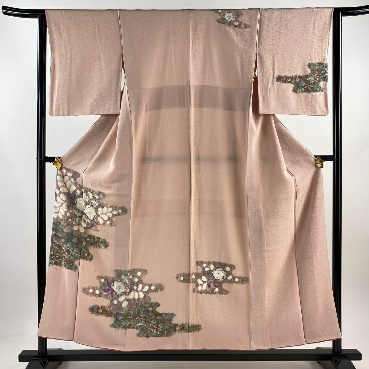 美品】 小紋 身丈160.5cm 裄丈66cm M 袷 辻が花柄 金彩 ピンク 正絹 秀