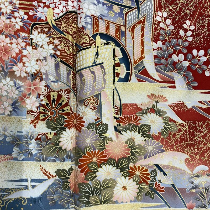振袖 身丈167.5cm 裄丈69cm L 袷 御所車 草花 金彩 赤 正絹 秀品