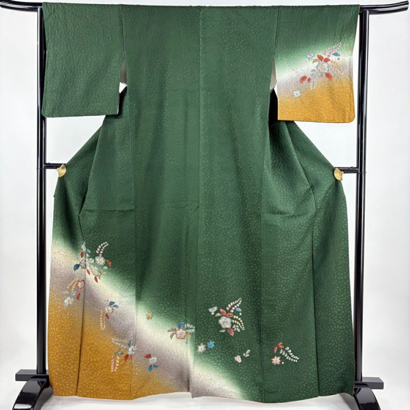 付下げ 身丈163.5cm 裄丈64.5cm M 袷 草花 金彩 ぼかし 深緑