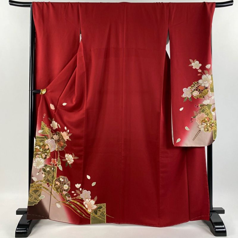 厳選◆美品◆最高級◆振袖◆正絹◆広襟◆裄67.5肩丈168◆ロング◆裄長◆赤地 振袖 身丈166.5cm 裄丈68.5cm L 袷 袋帯フルセット 風車 桜 箔