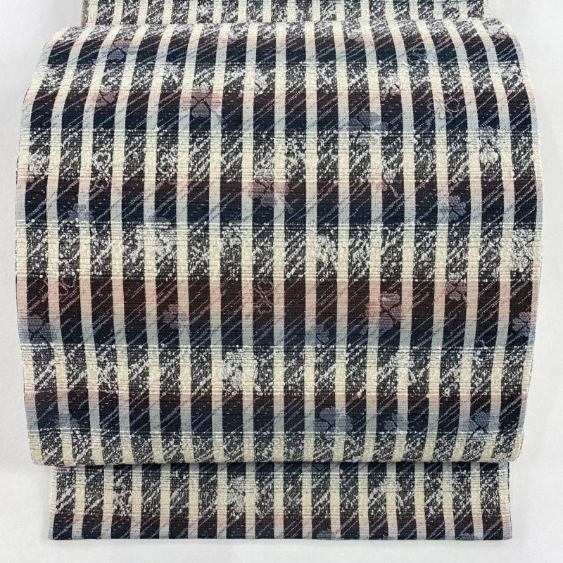 袋帯 美品 秀品 縞 四つ葉のクローバー 青灰色 全通 正絹｜中古