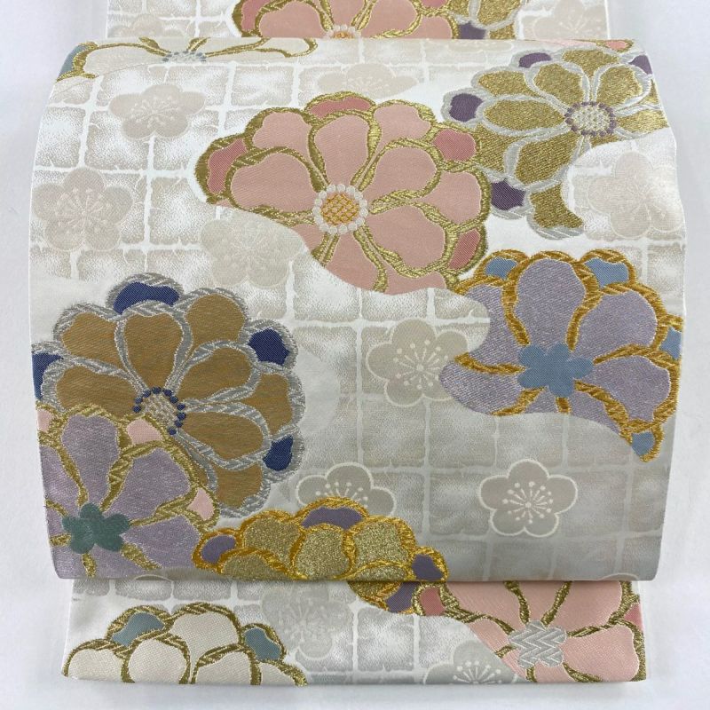 袋帯 秀品 花 梅 金銀糸 箔 クリーム 六通 正絹｜中古・古着