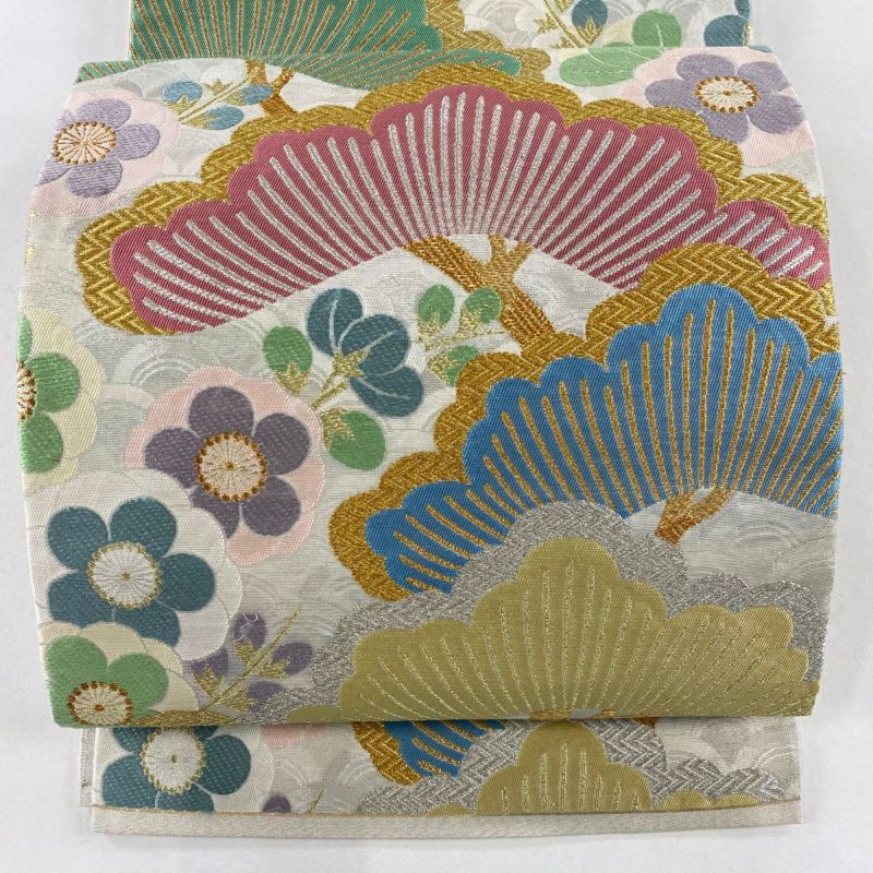 袋帯 秀品 笠松 梅 金銀糸 箔 銀色 六通 正絹｜中古・古着