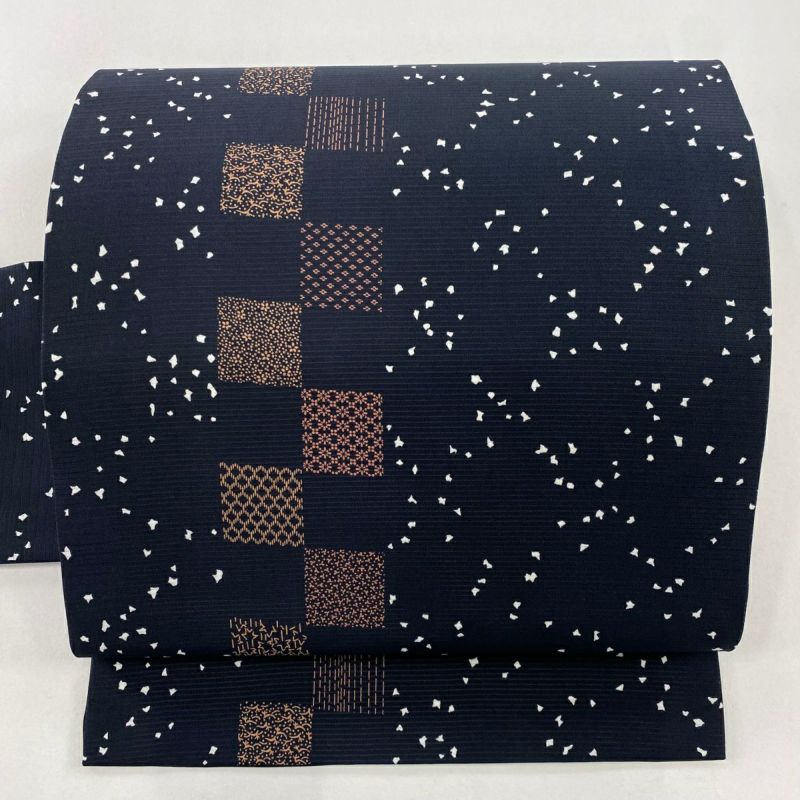 名古屋帯 秀品 夏帯 絽 市松 幾何学模様 墨色 正絹｜中古・古着