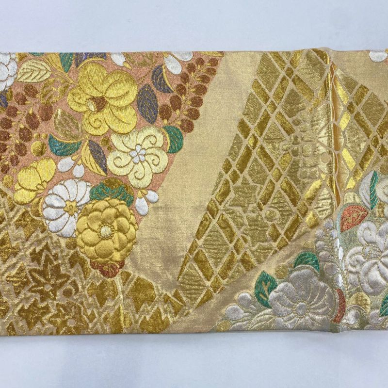 金銀糸箔正絹バッグ✨希少　美品 袋帯 美品 秀品 椿 菊 金銀糸 箔 金色 六通 正絹｜中古・古着