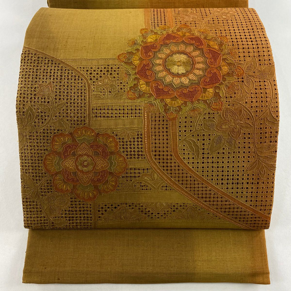 ⑥⑦②夏帯 草花 麻 袋帯 お太鼓 袋帯 夏用 絽 花唐草 お太鼓柄 正絹 西陣 日本製 未仕立て 夏帯