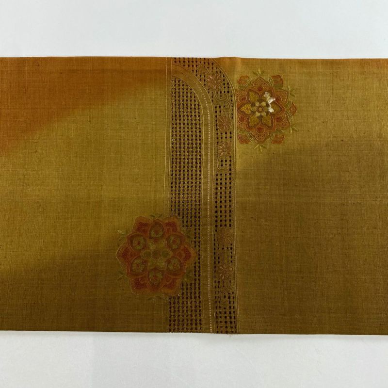 袋帯 秀品 華文 草花 相良刺繍 茶色 お太鼓柄 正絹｜中古・古着