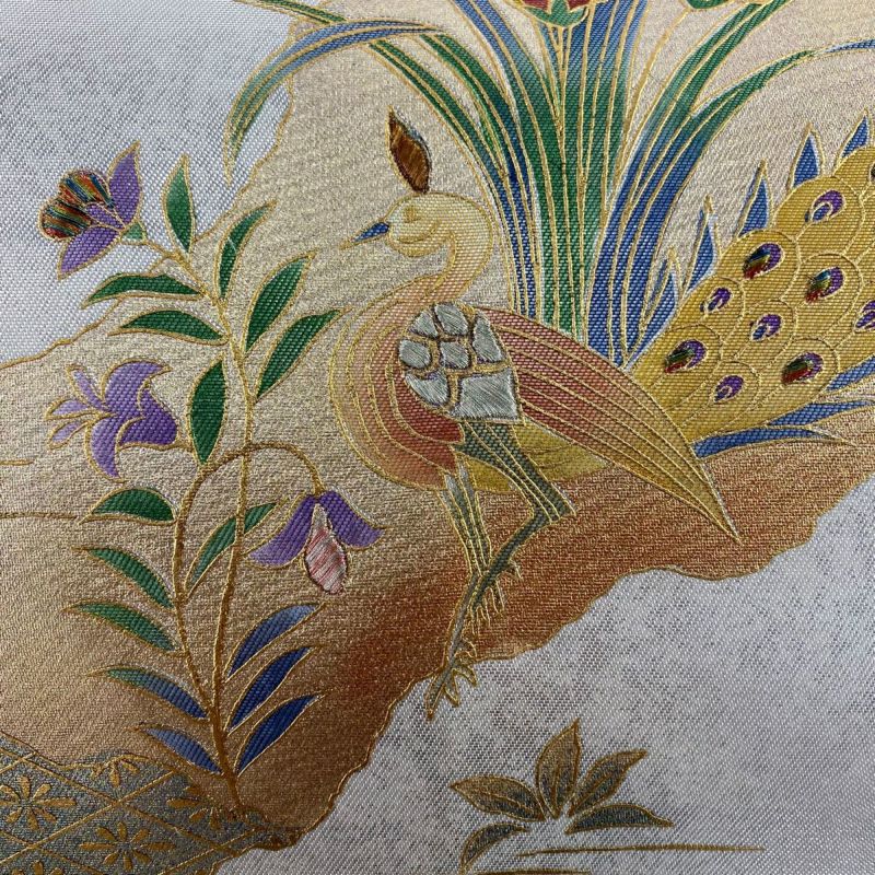 名古屋帯 美品 秀品 鳥 草花 金彩 銀糸 銀色 正絹｜中古・古着