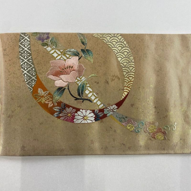 【名古屋帯】塩瀬 果実・土筆模様　ベージュ　正絹　カジュアル　春　アンティーク 名古屋帯 美品 秀品 草花 有職文様 金銀彩 ベージュ 正絹｜中古