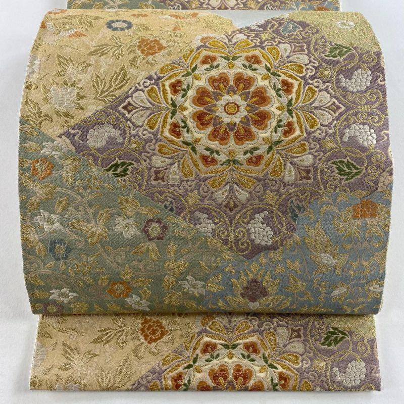 花柄 袋帯 金糸使用 未使用品 袋帯 美品 秀品 華文 草花 金糸 箔 銀色 六通 正絹｜中古・古着