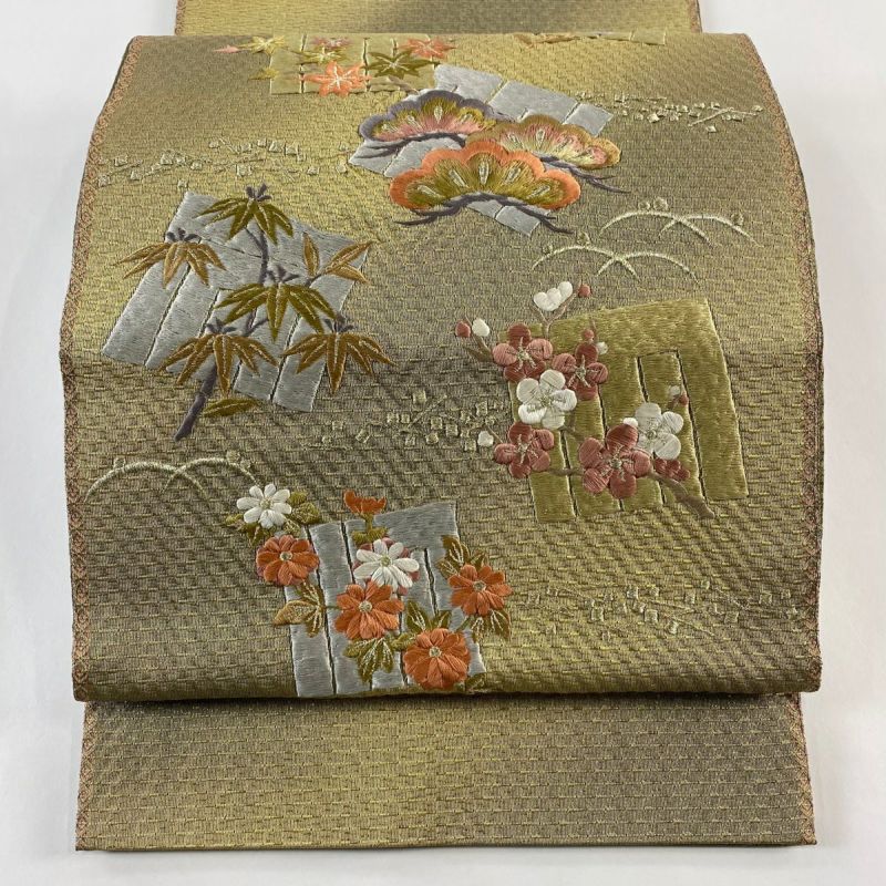 袋帯 美品 秀品 松竹梅 源氏香 刺繍 銀糸 灰緑 お太鼓柄 正絹