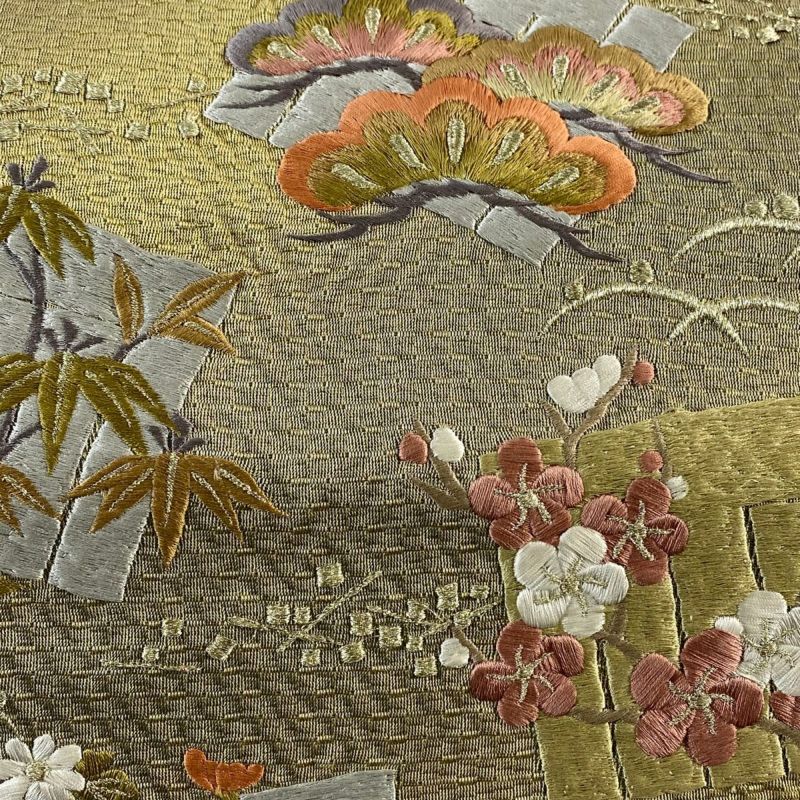 袋帯 美品 秀品 松竹梅 源氏香 刺繍 銀糸 灰緑 お太鼓柄 正絹