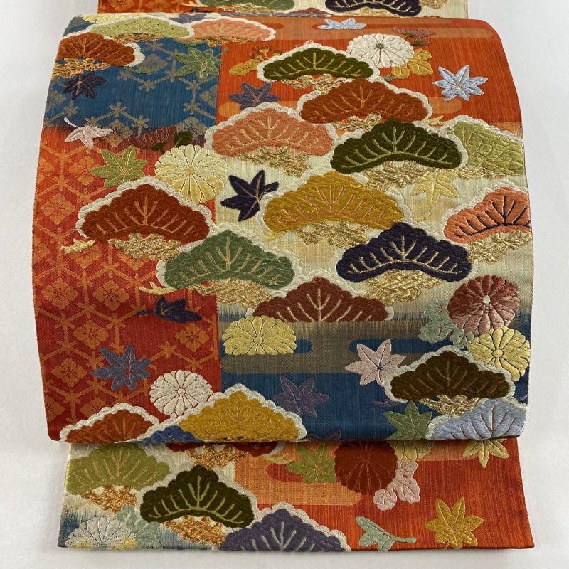 袋帯 秀品 松 菊 金糸 唐織 朱色 六通 正絹｜中古・古着